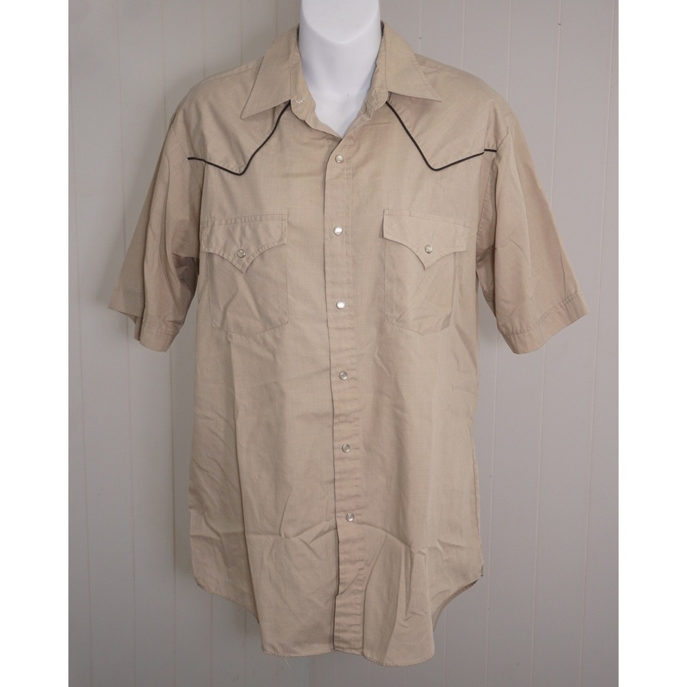 Plains Size M Tan Short Sleeve Western Snap Shirt Black Piping Vintage